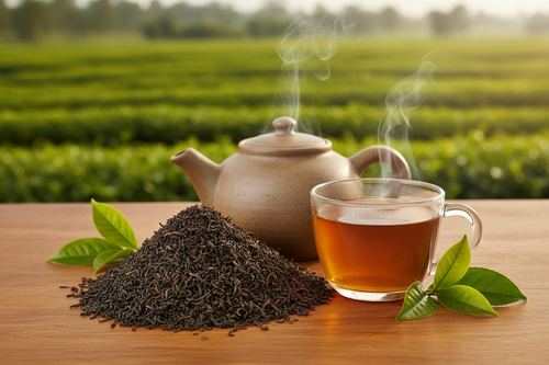 Fahari Ya Kenya 500g loose leaf black tea lifestyle shot with clay teapot and tea garden